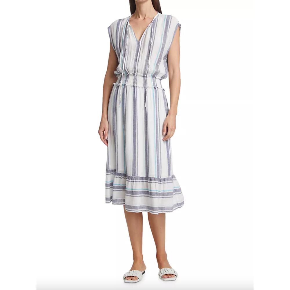 Rails Ashlyn Split Neck Stripe Linen Blend Midi Dress Size Medium Lightweight
